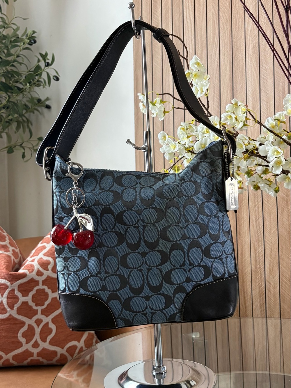 Coach Blue Jacquard Hobo with Black Leather Trim